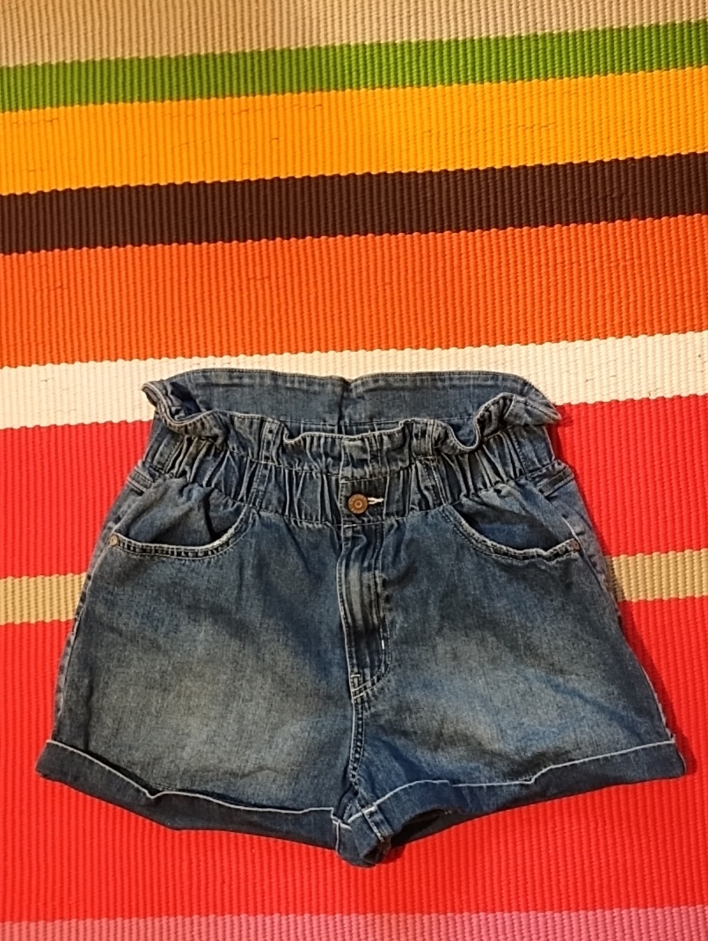 Sincerely Jules Blue Paperbag Denim Shorts VGC, Wide Elastic Waist Size 3.